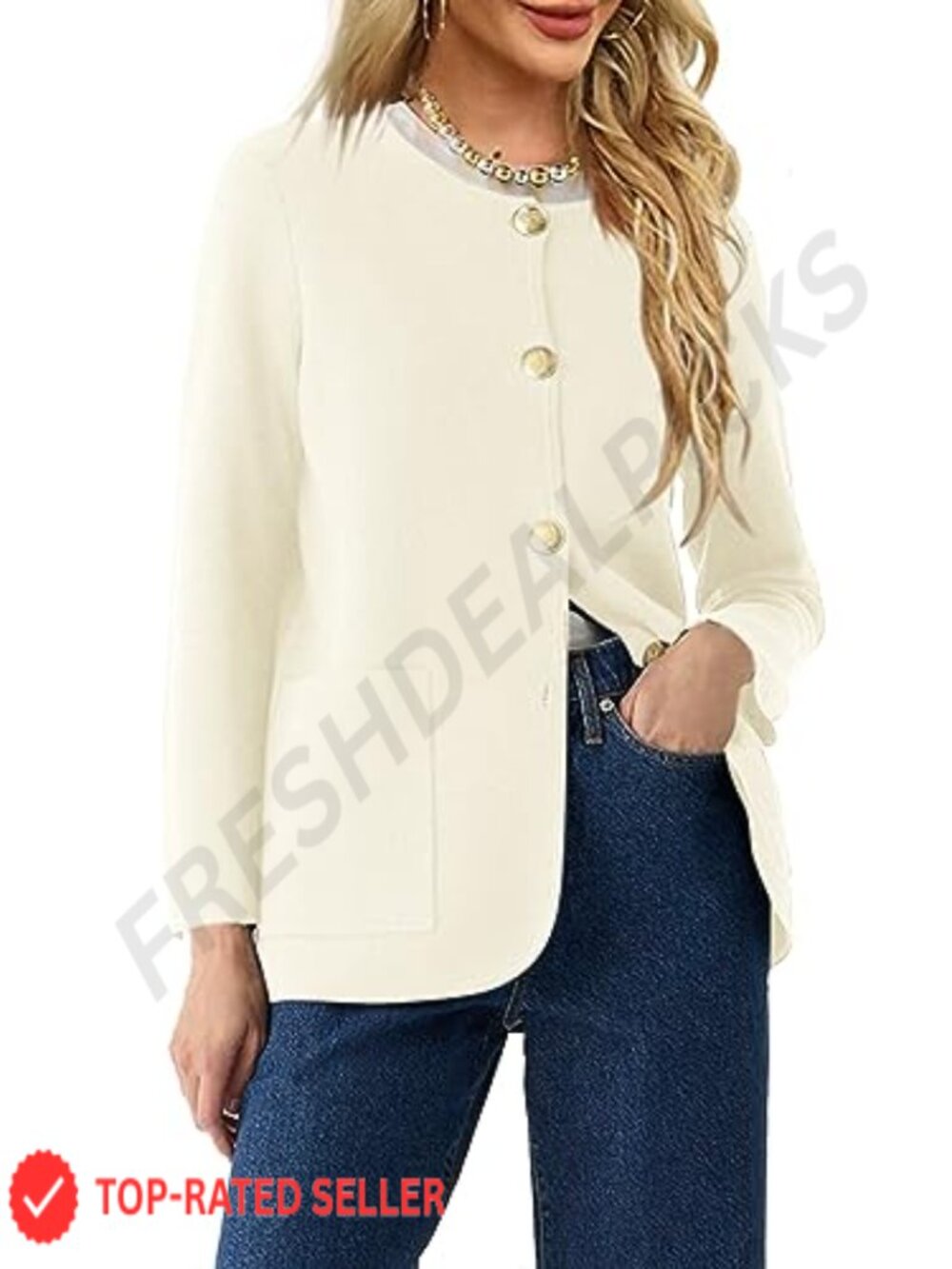 Womens Crew Neck Button Down Cardigan Sweater Blazer Long Sleeve Knit Jacket